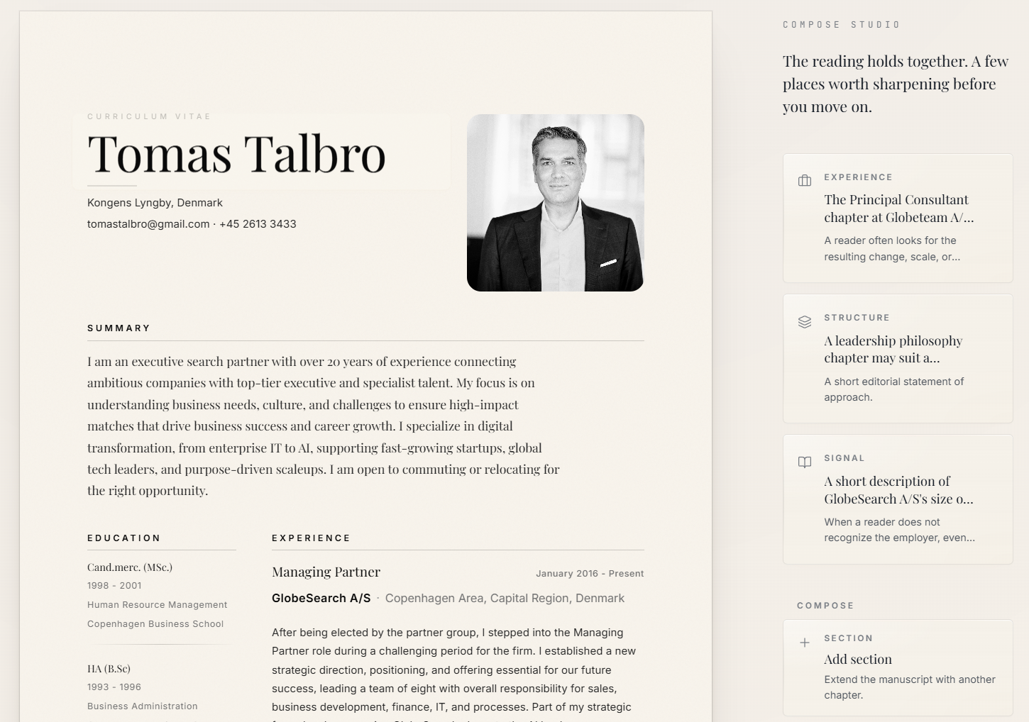 Master CV. Compose Studio. The manuscript view of your career.